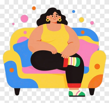 Cartoon Woman Sitting On A Colorful Couch PNG