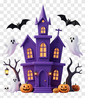 Halloween Haunted House With Ghosts And Pumpkins PNG