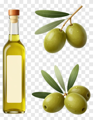 Olive Oil Bottle With Green Olives And Leaves PNG