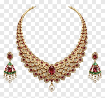 Gold Necklace With Red And Green Earrings PNG