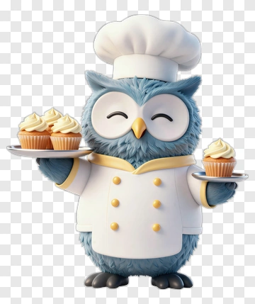 3D Chef Owl Holding Cupcakes PNG
