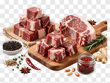 Raw Meat Cuts On A Wooden Cutting Board PNG
