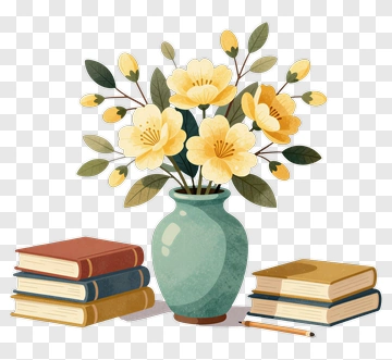 Flower Bouquet In A Vase With Stacked Books PNG