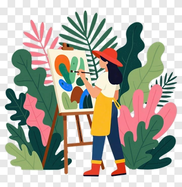 Woman Painting On An Easel In A Lush Garden PNG