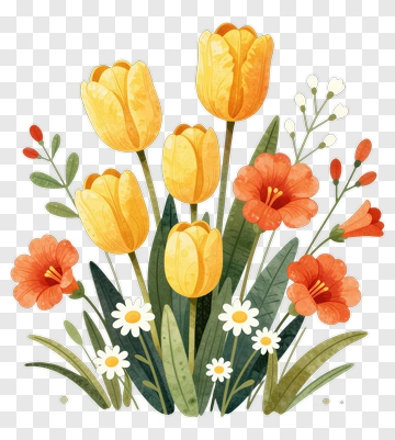 Colorful Flower Bouquet With Yellow Tulips And Red Flowers PNG