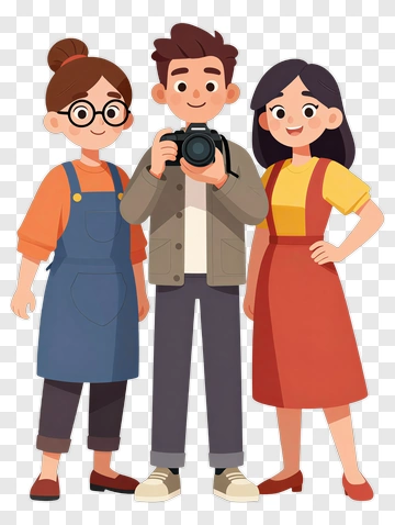 Cartoon Group Of Friends Holding A Camera PNG