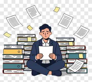 Student Reading Surrounded By Books And Papers PNG