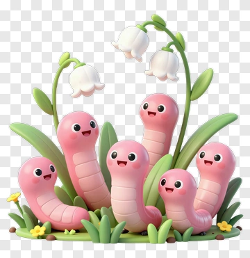 Cartoon Pink Worms Surrounded By Flowers PNG