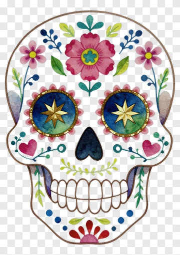 Colorful Sugar Skull With Floral Designs PNG