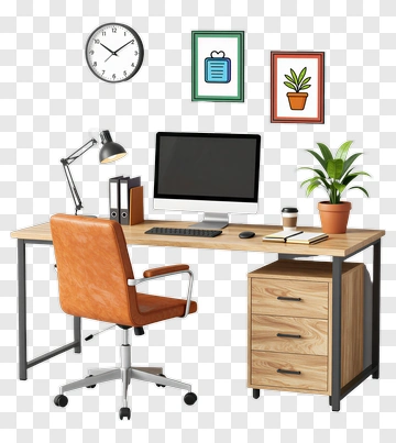 Modern Office Desk With Computer And Plant PNG