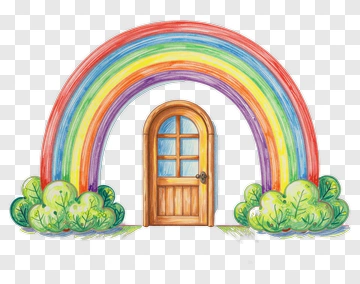Rainbow Arch With Wooden Door And Green Bushes PNG