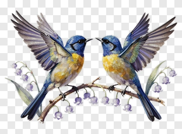 Blue Birds On A Branch With Flowers PNG