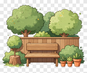 Cartoon Garden Scene With Bench And Trees PNG