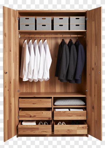 Wooden Wardrobe With Shirts And Suits PNG