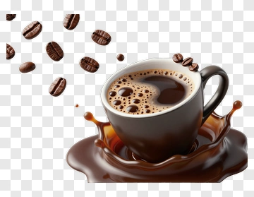 Coffee Cup With Splash And Coffee Beans PNG