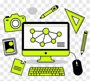 Computer With Networking Elements And Office Supplies PNG