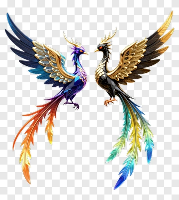 Colorful Phoenixes Facing Each Other PNG