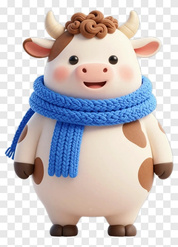 3D Cartoon Cow Wearing A Blue Scarf PNG