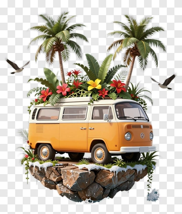 Vintage Volkswagen Van Surrounded By Tropical Plants PNG