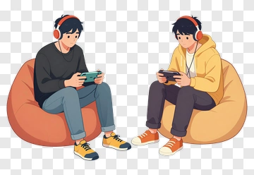 Cartoon Boys Playing Video Games On Bean Bags PNG