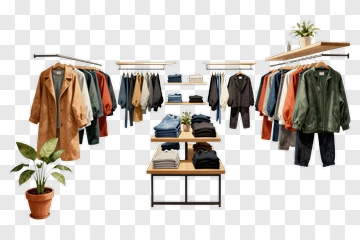 Clothing Store Interior With Display Racks And Plants PNG
