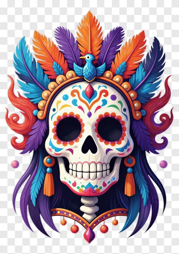 Colorful Skull With Feathers And Bird PNG