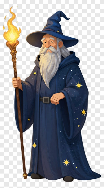 Cartoon Wizard Holding A Magic Staff PNG