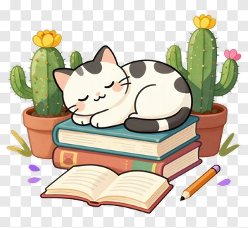 Cartoon Cat Sleeping On A Stack Of Books PNG