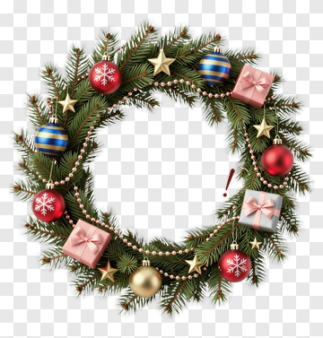 Christmas Wreath With Ornaments And Gifts PNG