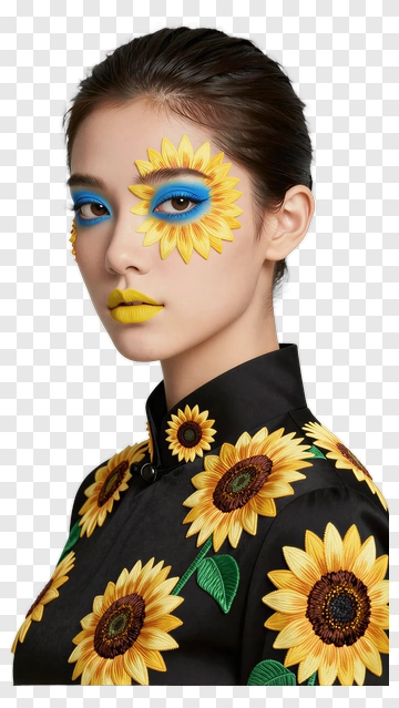 Model With Sunflower Makeup And Floral Dress PNG