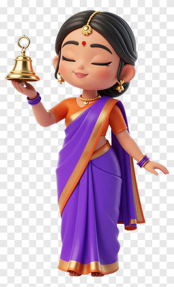 Cartoon Woman Holding A Bell In A Purple Saree PNG