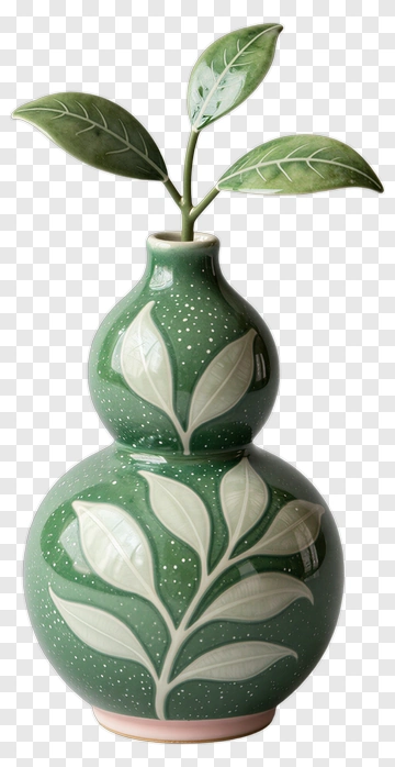 Green Ceramic Vase With Leaves PNG
