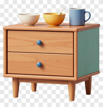 Wooden Nightstand With Bowls And Mug PNG