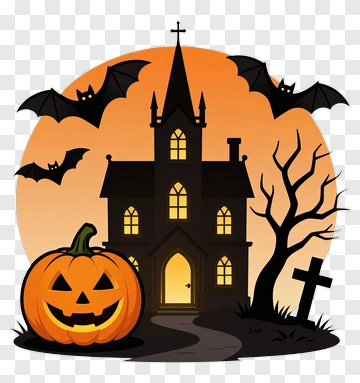 Halloween Pumpkin With Haunted House And Bats PNG