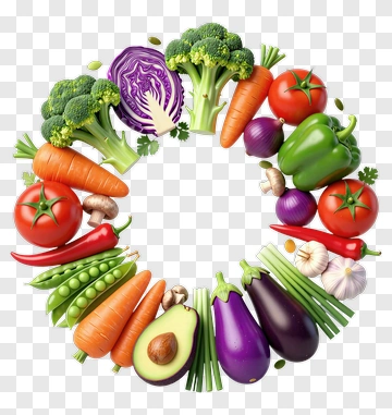 Colorful Vegetable Arrangement In A Circular Composition PNG