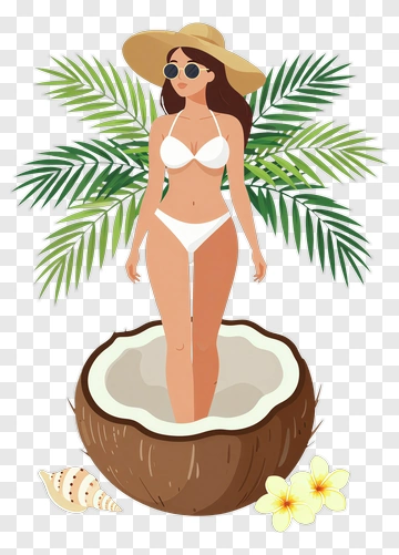 Woman Standing In A Coconut Half With Tropical Elements PNG