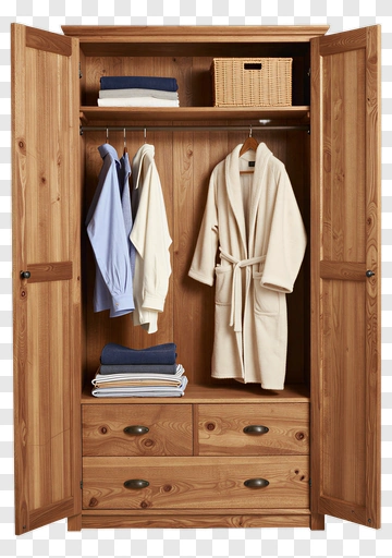Wooden Wardrobe With Clothes And Storage Basket PNG