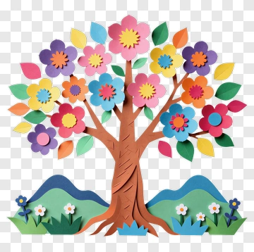 Colorful Paper Tree With Flowers And Green Hills PNG