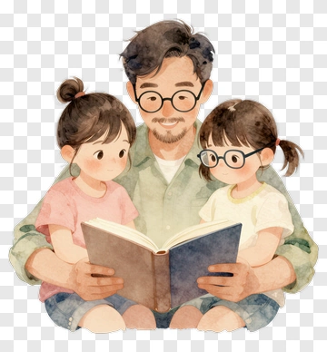 Father Reading A Book To Two Children PNG