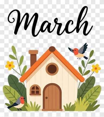 March House With Birds And Flowers PNG