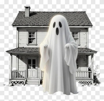 Cartoon Ghost In Front Of A Haunted House PNG