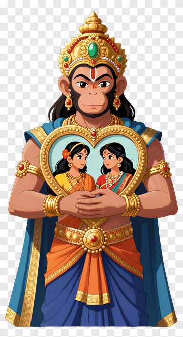 Hanuman Holding A Heart-Shaped Frame With Two Women PNG