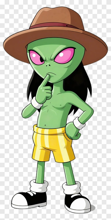 Cartoon Alien Thinking In Summer Outfit PNG
