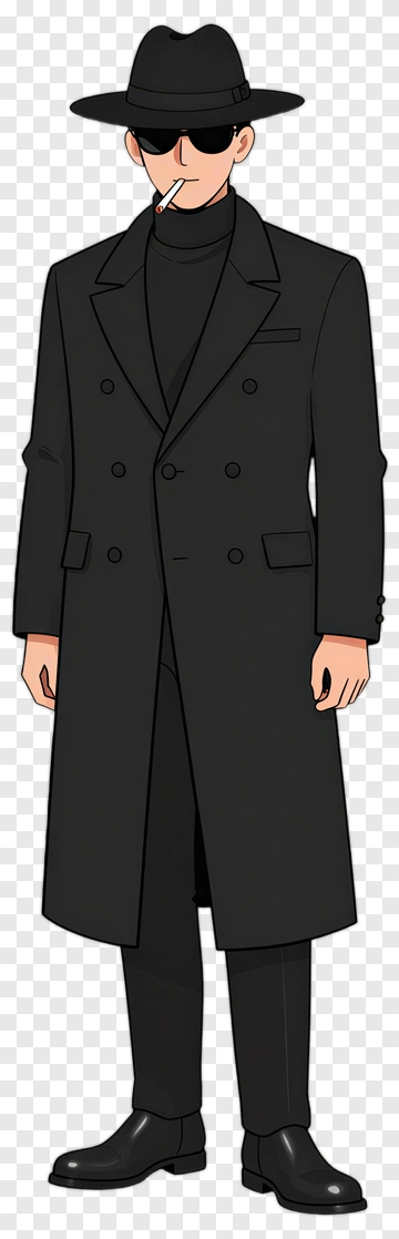 Cartoon Man In Black Coat And Hat PNG