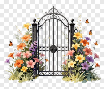 Floral Garden Gate With Colorful Flowers PNG
