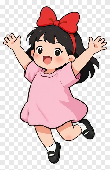 Cartoon Girl Jumping With A Red Bow PNG