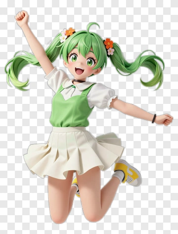 Cheerful Girl Jumping With Green Hair PNG
