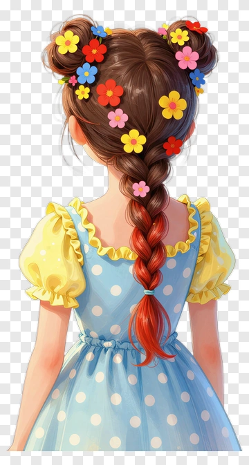 Girl With Flower Hair Accessories In Blue Polka Dot Dress PNG
