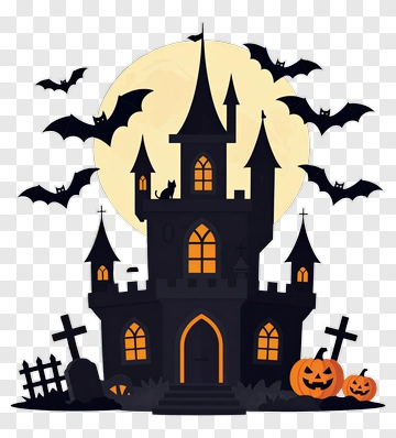 Halloween Castle With Bats And Pumpkins PNG