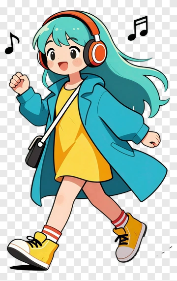 Cartoon Girl Walking With Headphones PNG